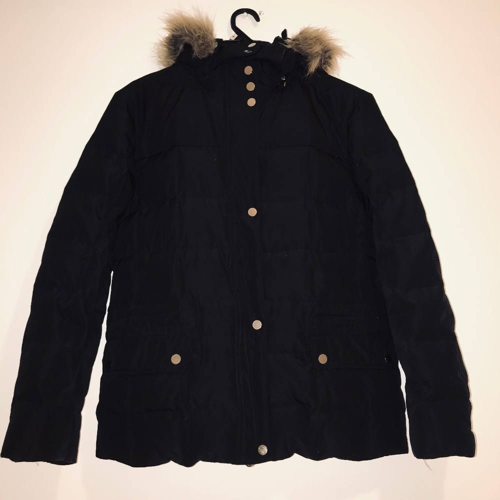 Vintage Y2K Fashion Bug Black Quilted Down Puffer Coat Fur Hood Waterfowl  M